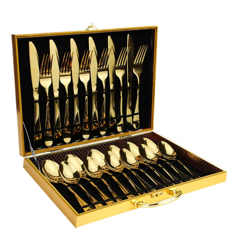 Wholesale Tableware Spoon Fork Knife Gold Cutlery 24pcs With Wooden Box Flatware Sets Stainless Steel Cutlery Set